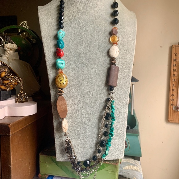 36"  Long Mixed Media Necklace - Gems Ceramic Wood Glass Stone Crystals - NWOT - Picture 4 of 10